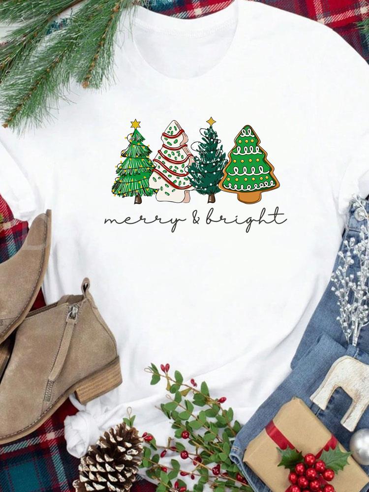 (Asian Size) Star Trend Cute New Year Festival Women Print Holiday Tee Top Merry Christmas Casual Lady Short Sleeve Fashion Graphic T-shirts