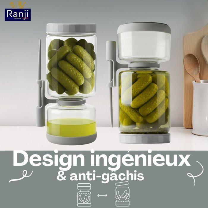 RANJI - Pot à Cornichon Retournable avec Pique Inclus – Bocal Sablier en Verre Hermétique Sans BPA (1300 ml)