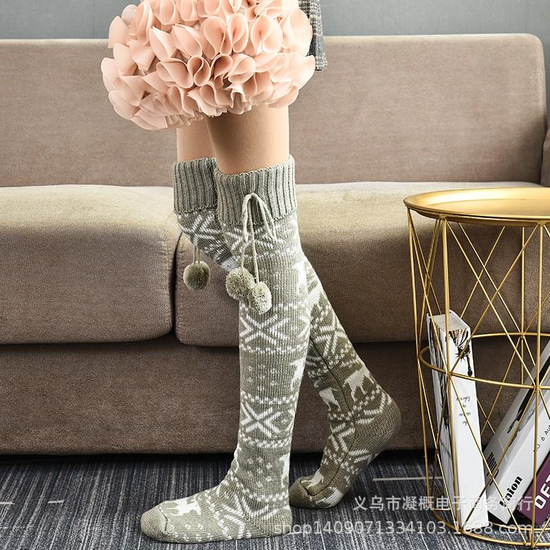 Christmas Elk Over Knee Socks Thick Knit Cartoon Women Winter Warm