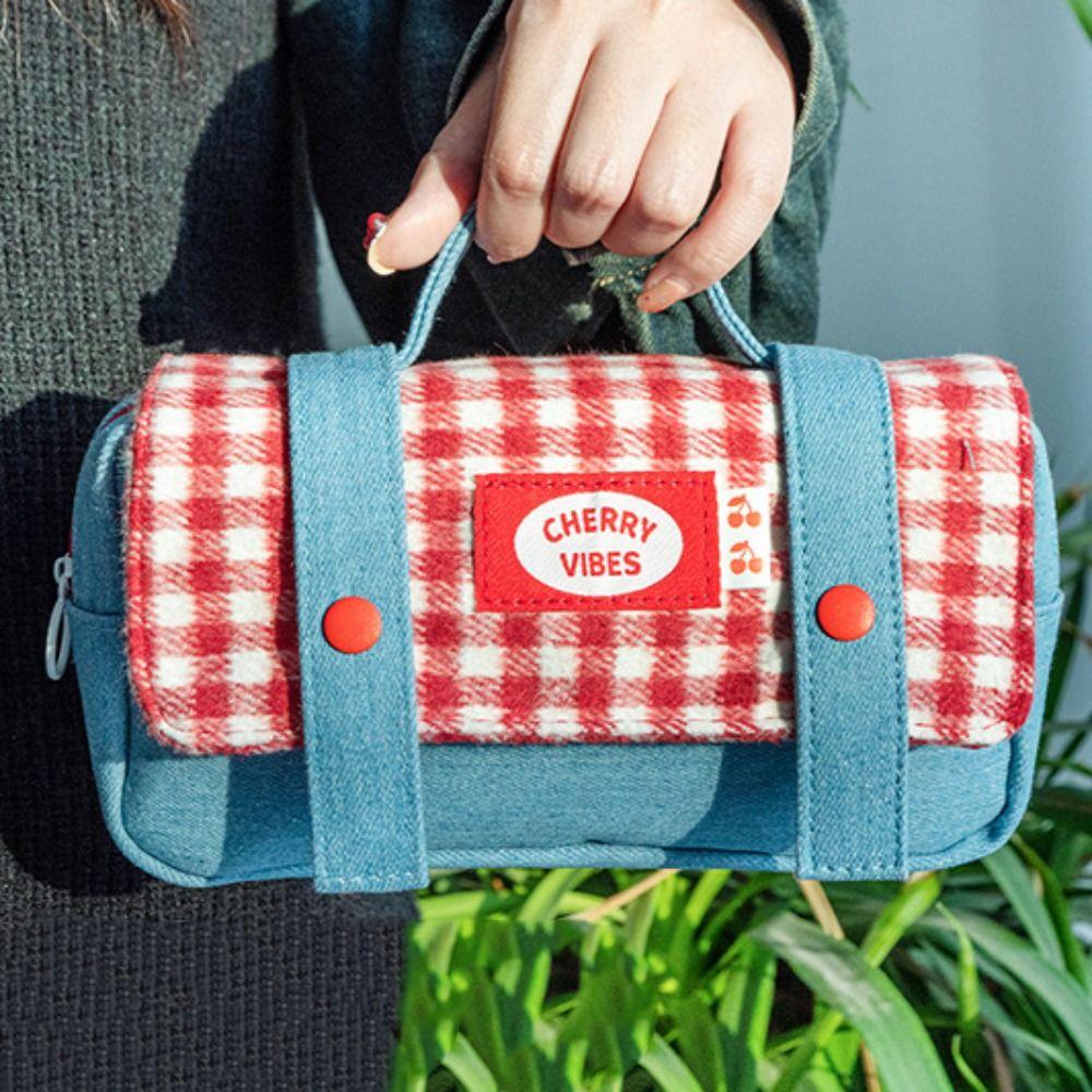 Sweet Grid Pencil Case Portable Pen Organizer Pouch Cute Stationery Organizer Office Use