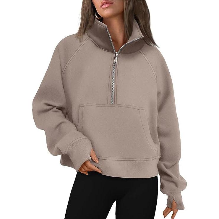Stand Collar Casual Sweatshirts Half Zip Women Cropped Pullover Thumb Hole Oversized Hoodie Solid Color Plus Size Sports Outfit Plus Size