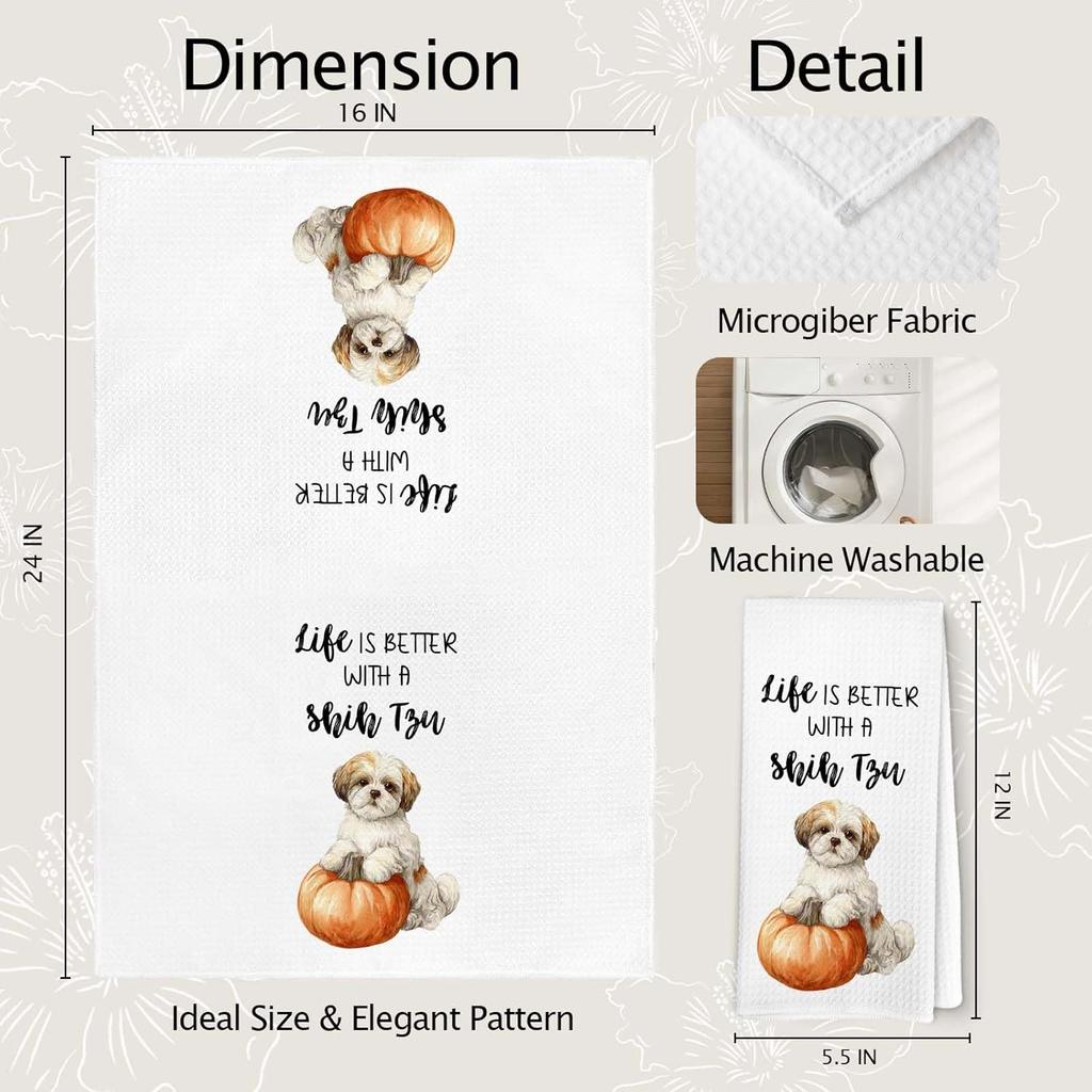 Подарки для ши-тцу Осенние кухонные полотенца, Декор с тыквой и собакой, Кухонное полотенце, Подарки для любителей собак, Жизнь лучше с ши-тцу Хэллоуин Осень