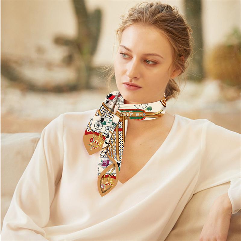 Twill Silk Scarf Woman Carriage Print Square Scarves Wraps Bandana Small Hijab Silk Foulards Tie Headband Neckerchief 53CM