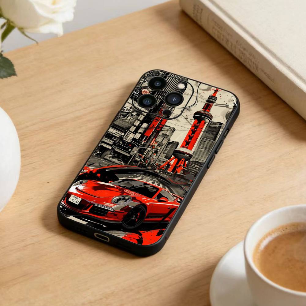 Крутой чехол для телефона с автомобильным дизайном для iPhone17,16,15,14,13,12 Plus,Max Мягкий силиконовый черный чехол