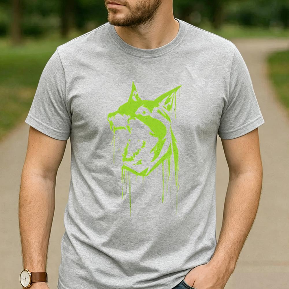 Neon Green Drip Paint Roaring Wolf Head Graphic T Shirt Unisex Cotton Short Sleeve Urban Graffiti Streetwear Skate Fan Tee