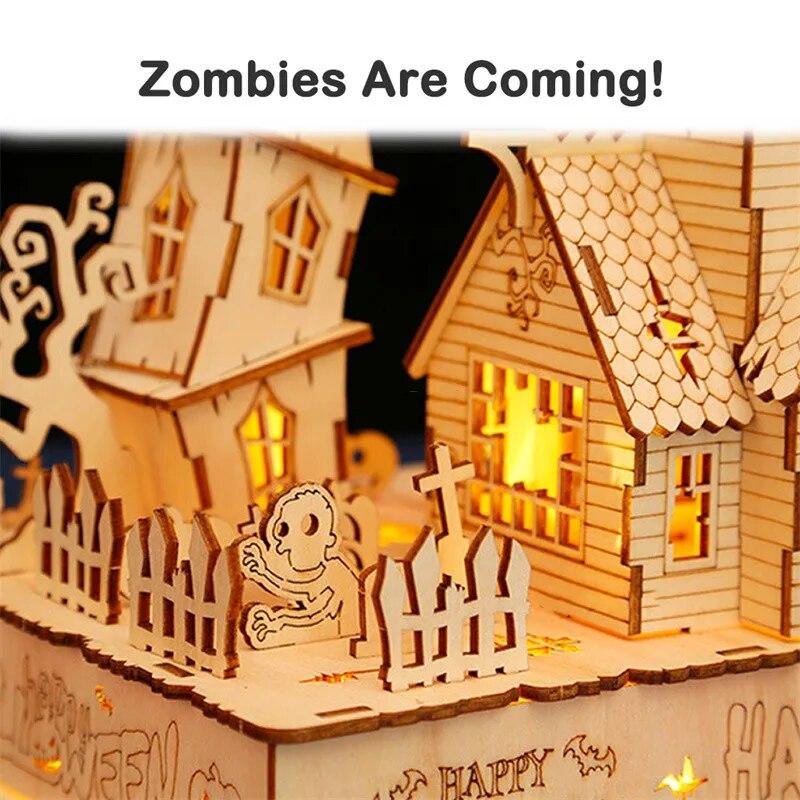 3D Halloween Haunted House Wooden Puzzle Ghost Tree House Light DIY Model Craft Kits Desk Decoration Toys Gift For Kids