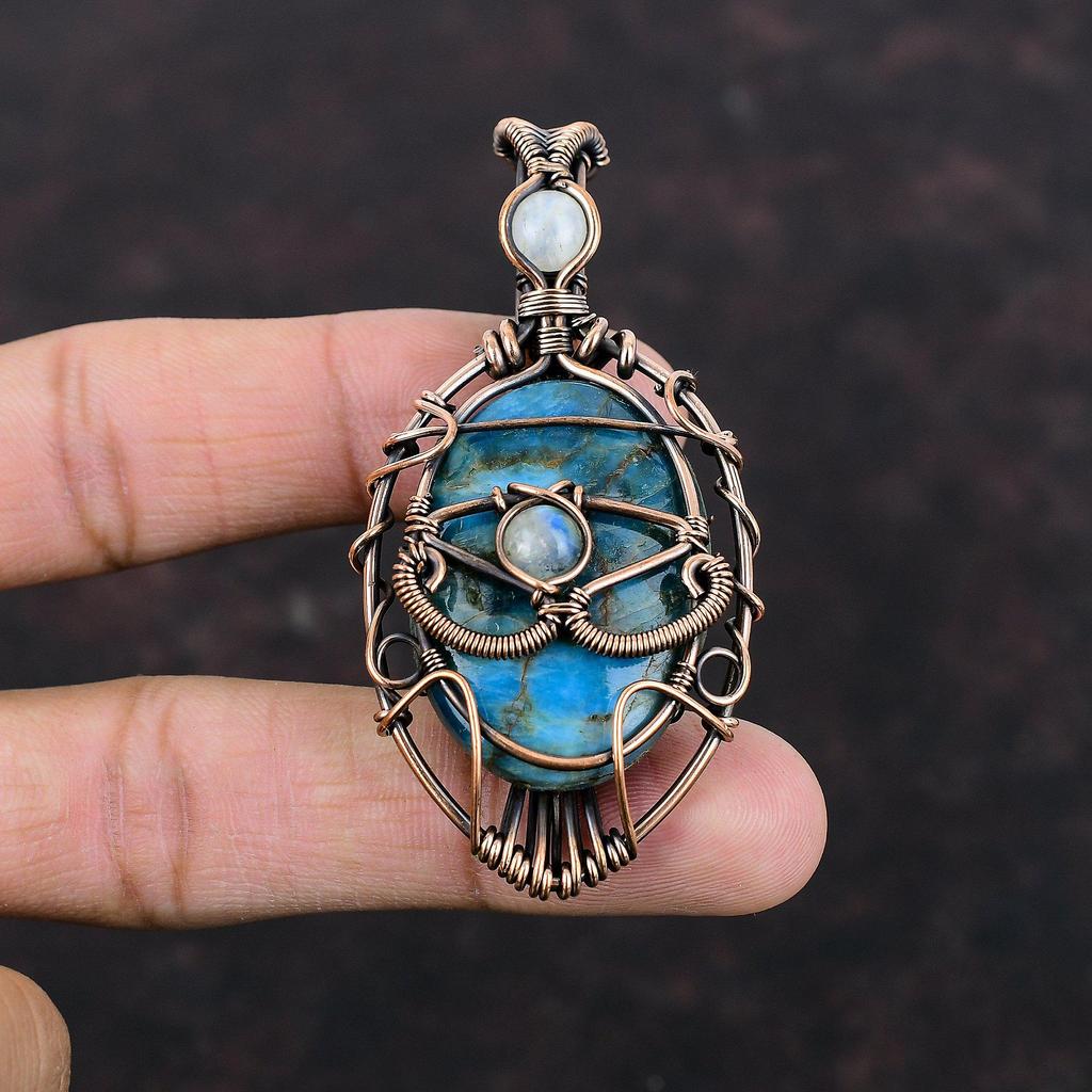 Дурной глаз Неоновый апатит Кулон Медная проволока Кулон Ювелирные изделия ручной работы Радужный кулон с лунным камнем Медные украшения Кулон из натурального драгоценного камня