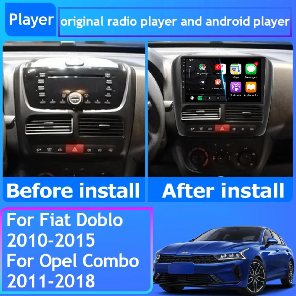 Автомагнитола Android 14 для Fiat Doblo 2010 - 2015 Мультимедийный видеоплеер Навигация Стерео GPS BT Carplay Android Auto 5G WIFI