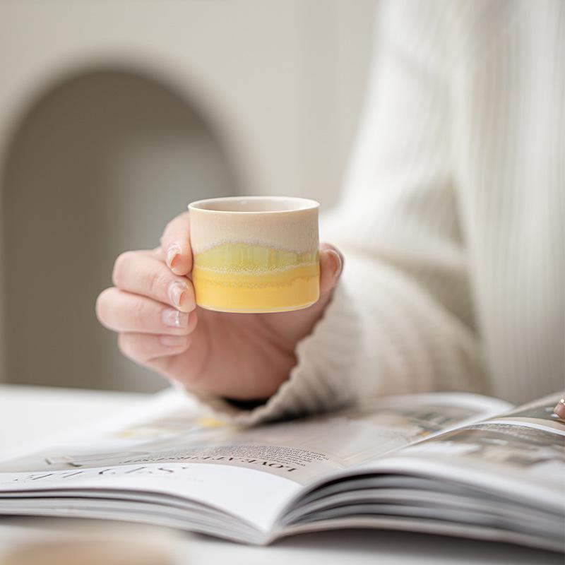 Embroidered Mountains & Rivers Ceramic Tea Cup Set - 4 Personal Tasting Cups, Ideal for Corporate Gifts, with Gift Box