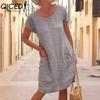 QICED Women Solid Color Summer Midi Dress Ladies Casual Loose Dress with Pockets Plus Size