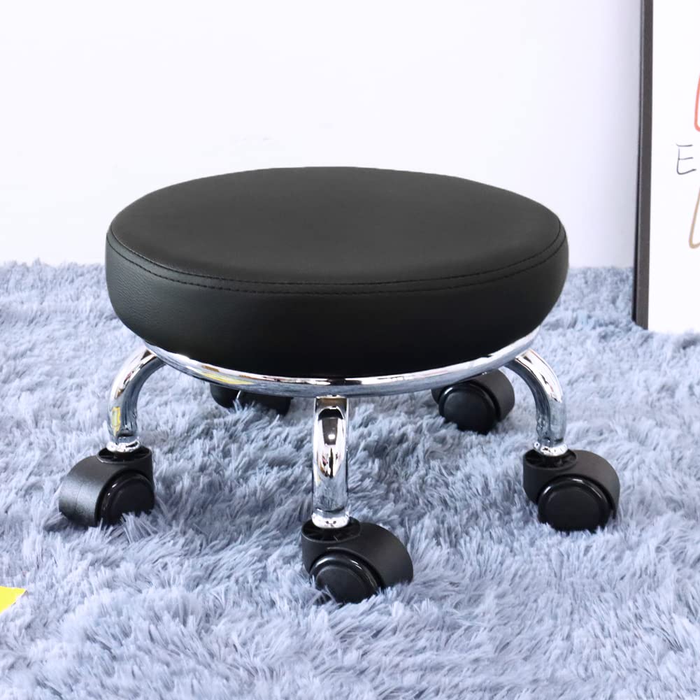 WKWKER Modern Stool with PU Circular Rolling Small Multidirectional Wheeled Low Height Suitable for Home Garages and Stores Wheels, Leather, Stool,