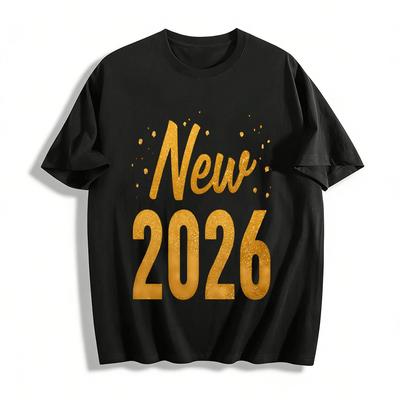 Новый год 2026 Золотой принт Повседневный Свободный крой Универсальный Топ Хлопковая футболка