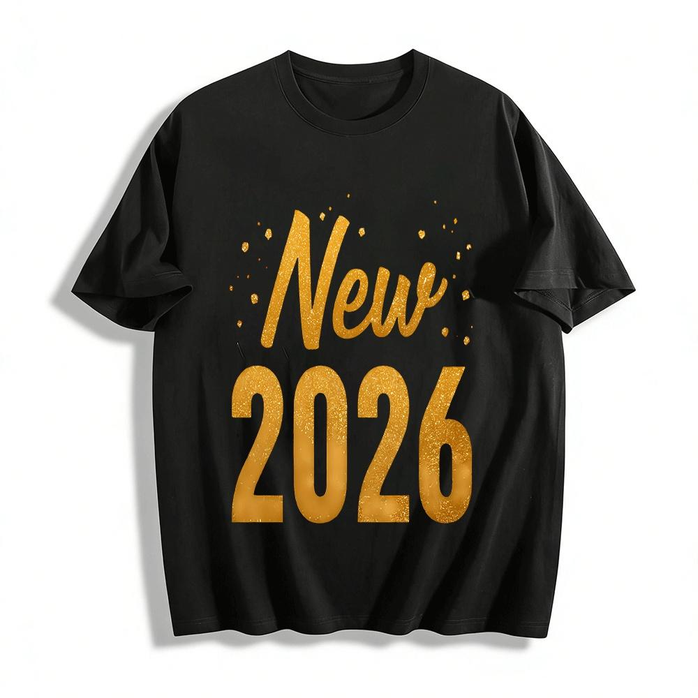 Новый год 2026 Золотой принт Повседневный Свободный крой Универсальный Топ Хлопковая футболка