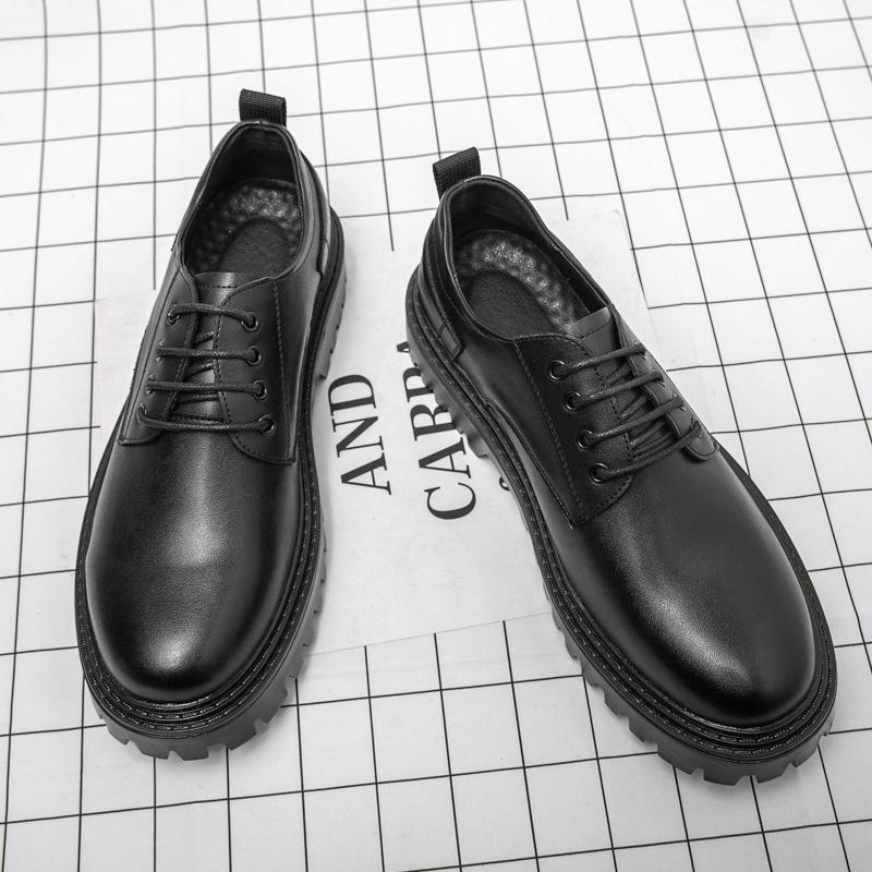 Small leather shoes men's 2025 autumn new round head lace-up British style black trend size 37 single shoes platform shoes