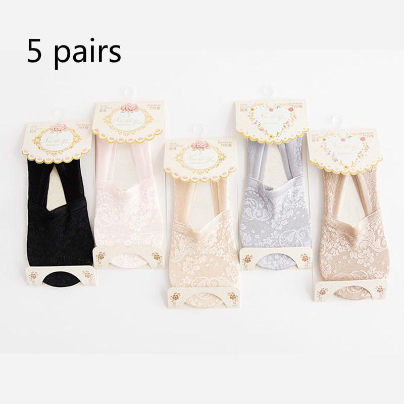 5 Pairs Women Lace Socks Boat Invisible Anti-Skid Ankle Socks Low Cut No-show Non-Slip Liner Slipper Socks