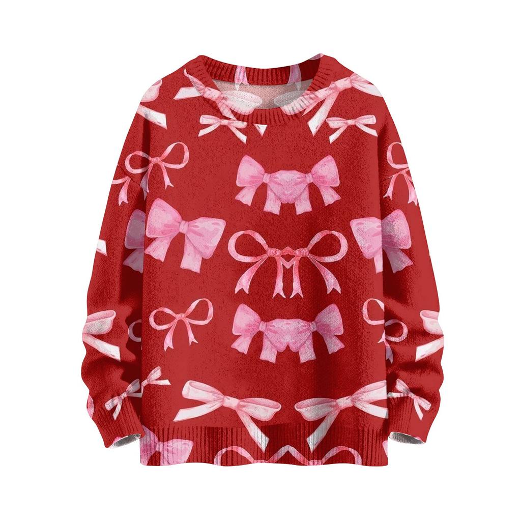 Женская мода повседневный длинный рукав бант принт милый ворот шерстяной трикотажный пуловер топ