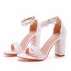 7cm Thick Heel Shallow Mouth One-length Strap Beaded Square Heel Sandals White Lace Bridal Wedding Shoes Thick Heel Sandals