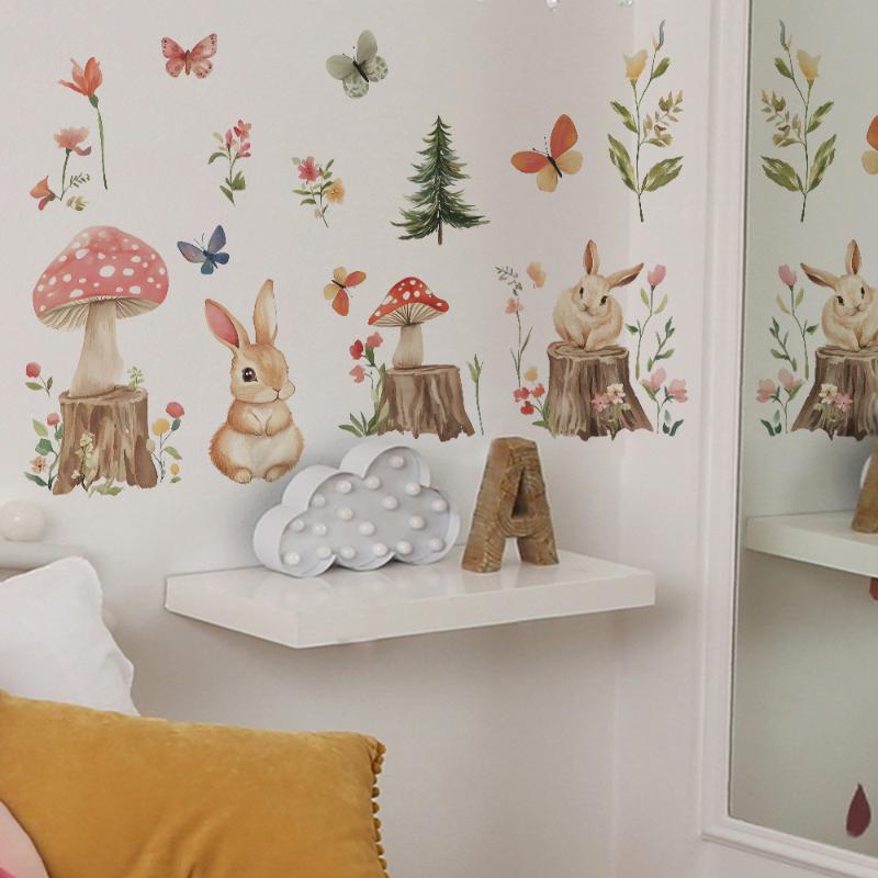 Cartoon Little Rabbit Tree Stump Forest Bedroom Living Room Home Wall Background Decorative Wall Stickers
