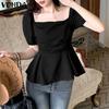 Women Square Collar Puff Sleeve Ruffled Casual Rumple Blouse