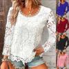 Summer Women's Fashion Solid Color Long Sleeves Casual T-Shirt Round Neck Lace Top