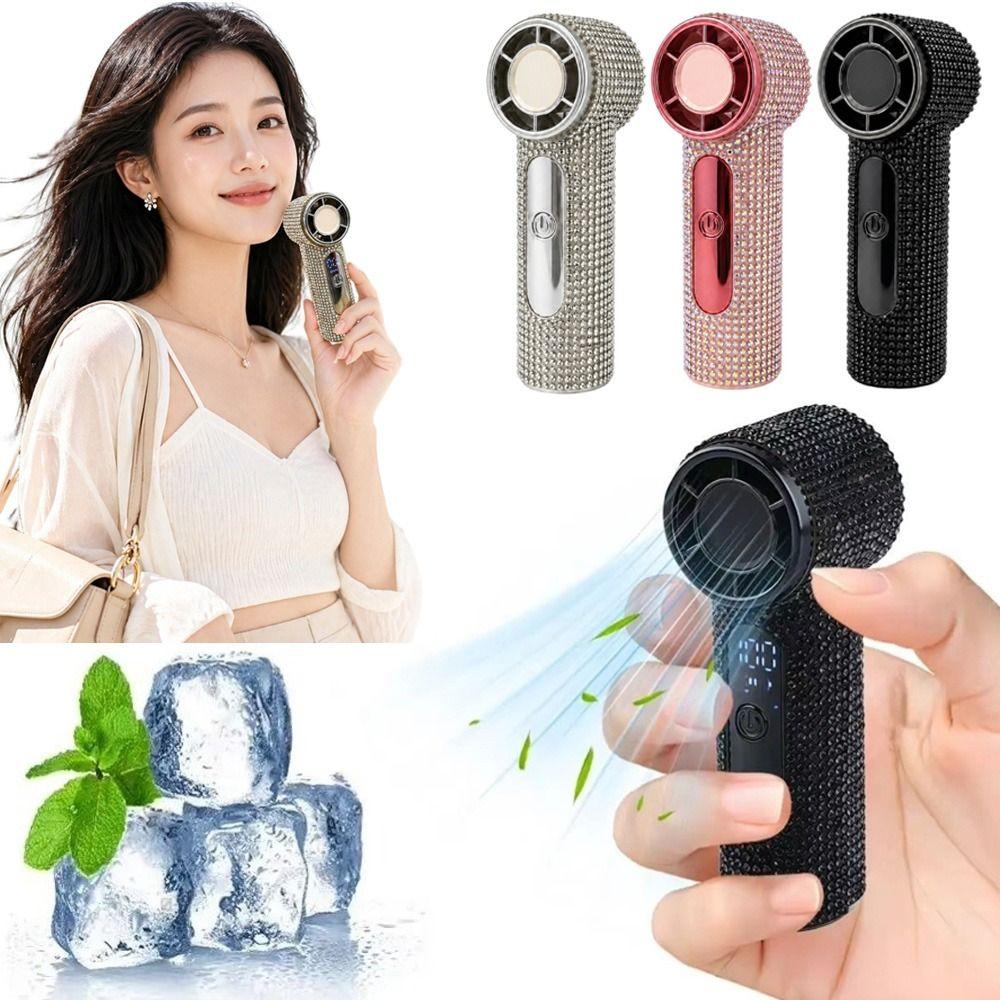 Sparkling Rhinestone Handheld Fan Digital Display Portable Hand Fan Mini Cooling Fan Office