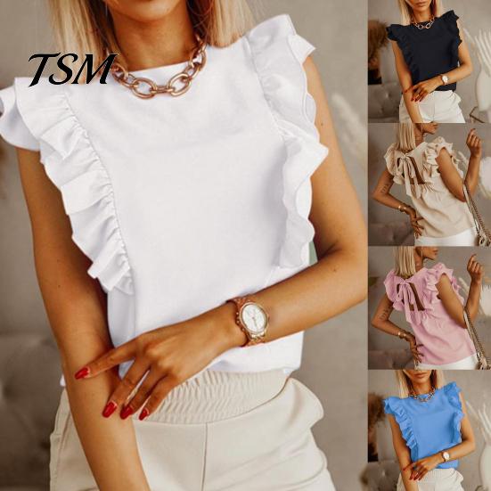 Backless Spring/Summer Women Blouse Solid Color Ruffle Sleeveless T-shirt Top for Work Ruffles