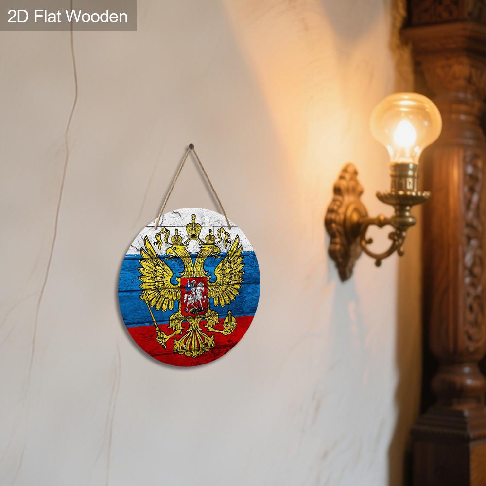 2pcs Victory Day In Russia Wooden Sign with Golden Double Headed Eagle Pattern, Round Sign for Front Door, Wall Decor, Ideal Gift for Friend & Family