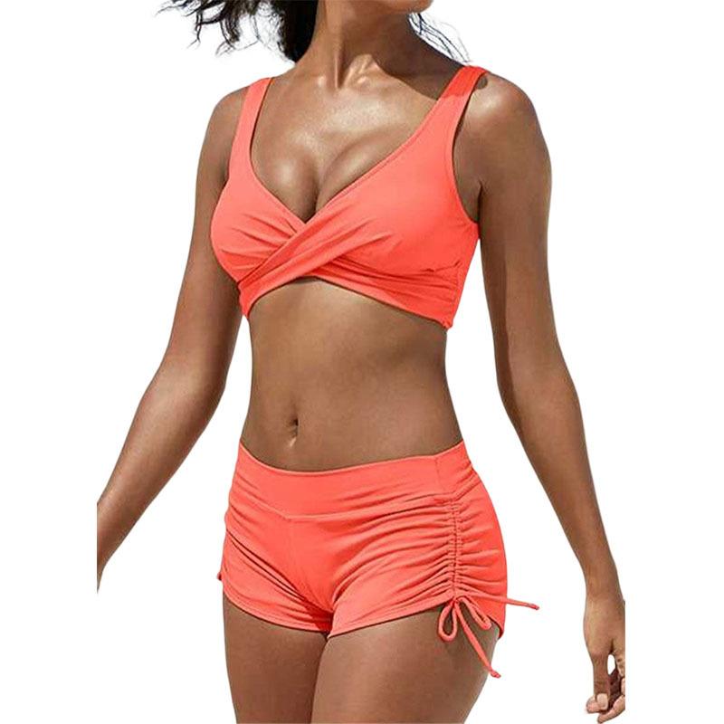 Женский сексуальный купальник из двух частей в европейском и американском стиле, зашнурованный сзади топ с завязками по бокам, шорты-боксеры, комплект купальников, однотонный купальный костюм танкини с принтом