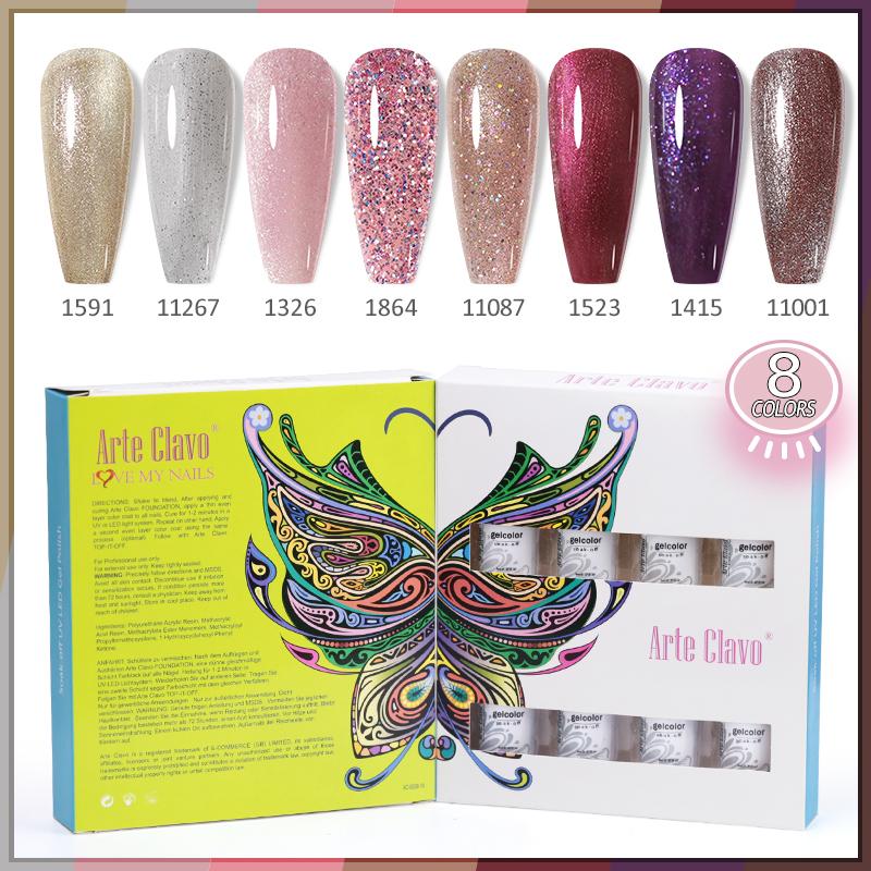 Arte Clavo 8 бутылок/набор, высококачественный блестящий гель-лак для ногтей для маникюра, гель-лак для дизайна ногтей, верхнее базовое покрытие, лак