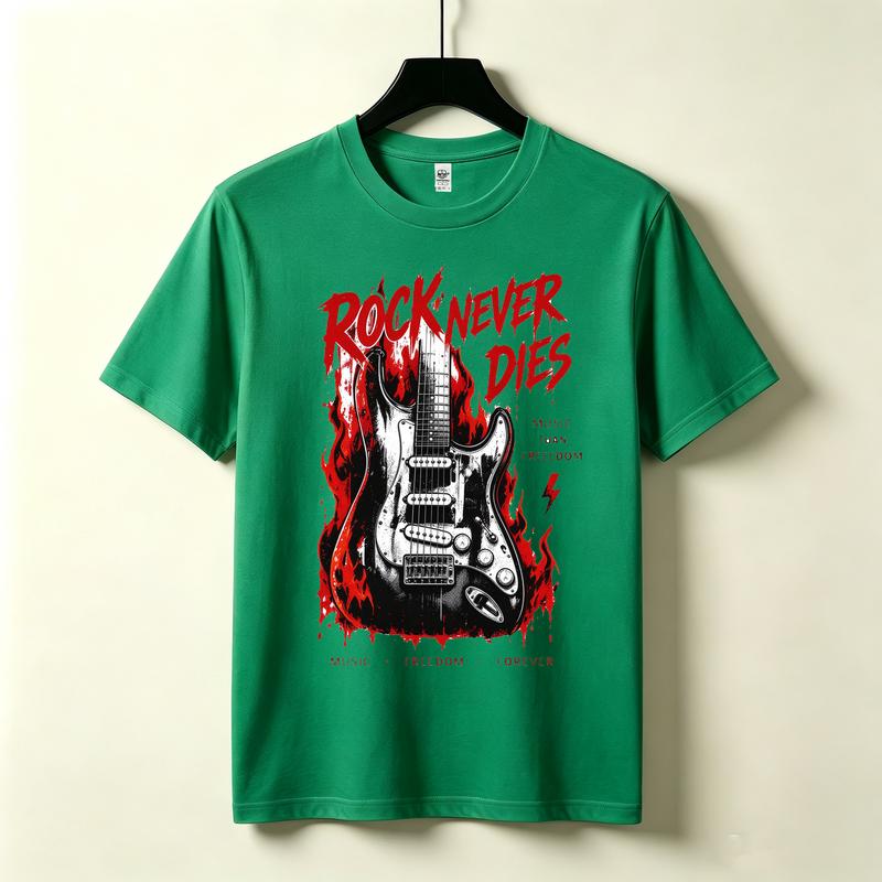 Rock Guitar Graphic Tshirt Unisex Rock Never Dies Flame Design Short Sleeve Vintage Punk Rock Music Casual Tees Tops Harajuku