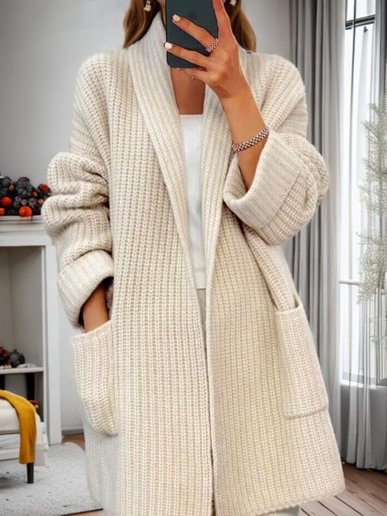 Autumn and winter women's new thickened solid color V-neck knitted cardigan loose pocket sweater jacket