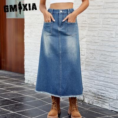 Женская джинсовая юбка миди из шерстяной ткани с потертым подолом, весна-лето