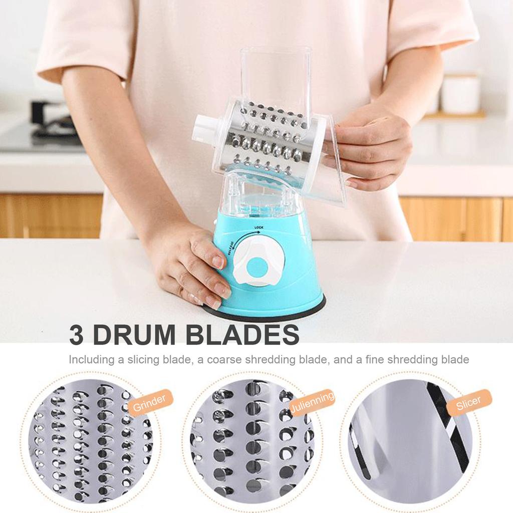 Manual Rotary Cheese Grater with Three Drum Blades Stainless Steel Handheld Rotary Slicer Shredding Grinder