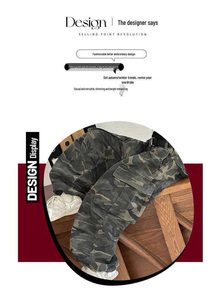 Girls' Wide-Leg Fleece Camo Cargo Pants - Retro American Style for Autumn/Winter 2025