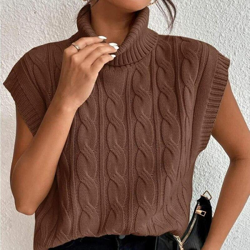 Осень Безрукавный Вязаный Жилет Свитер Женский Приталенный Однотонный Свободный Водолазка Пуловер Жилет Зима Вязаный с Косами Жилет 28476