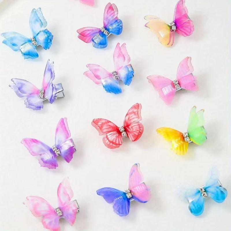 Butterfly Hair Clips 10pcs Colorful Gradient Double-layer Organza Rhinestone Hair Accessories for Girls Birthday Party Favors