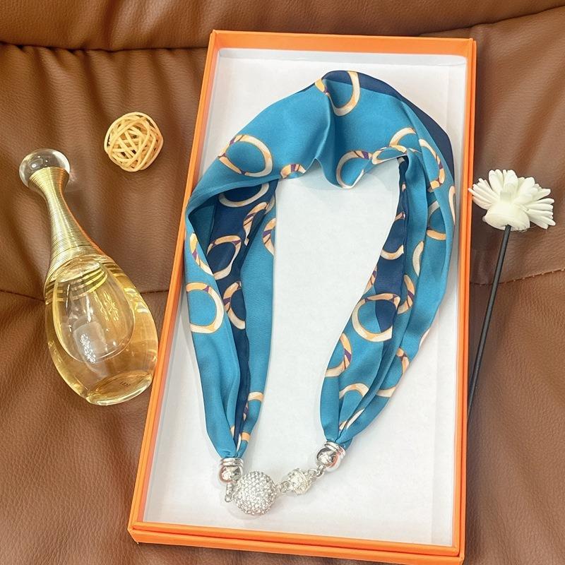 Silk Scarf Women's Spring, Autumn and Summer New Fashion Neck Protection Decoration Long Necklace Type Magnetic Buckle Scarf Small Scarf