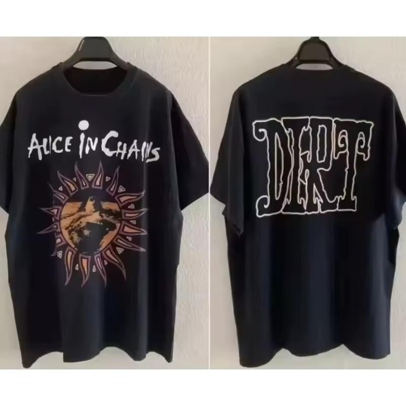 Double sided T shirt summer new men's and women's retro fashion T shirt Alice in Chains DIRT Album basic black short sleeved