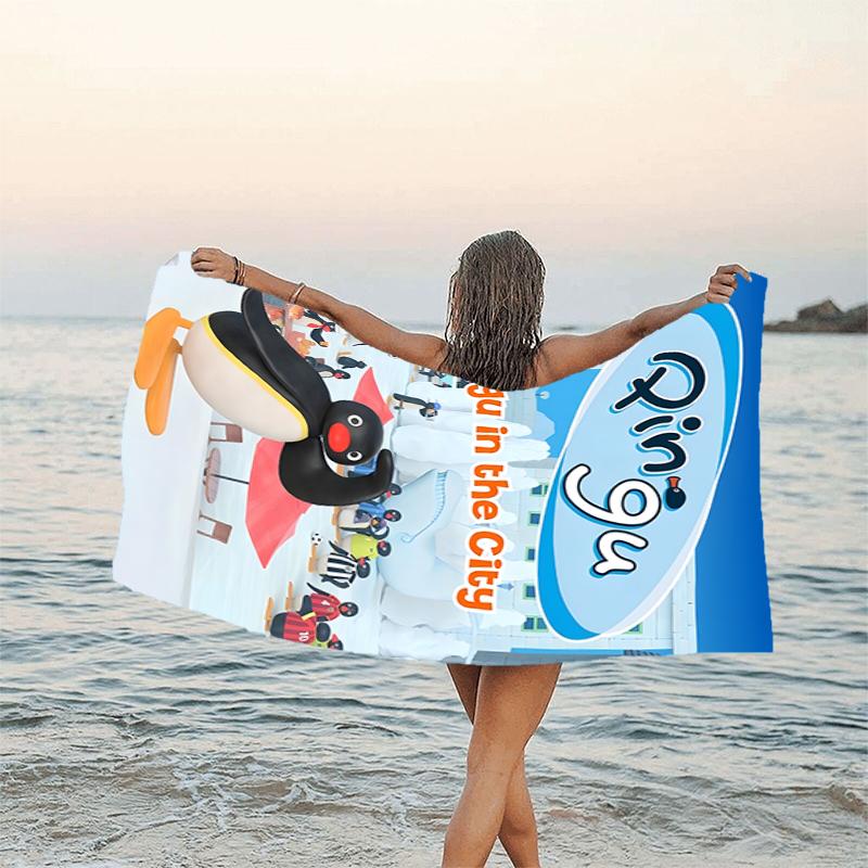 1pc Pingu3 Beach Towel, Beach and Seaside Swimming Pool Equipment, Fashion Pattern, Rectangular, Travel Essentials