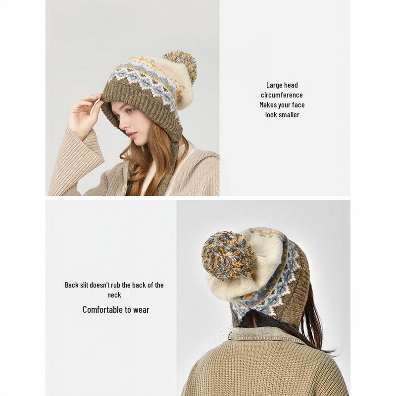 Женская вязаная шапка с помпоном в стиле Fair Isle - Ретро жаккардовая шерсть с защитой ушей для зимнего тепла