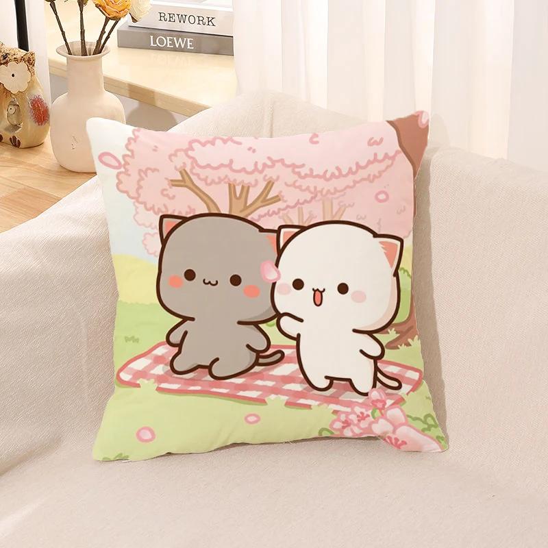 Pillow Cover Square Cushion for Bed Car Office Peach Mochi Cat Decorative Anime Room