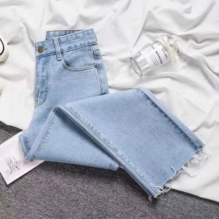 High-Waist Raw-Edge Straight-Leg Jeans for Women - Slim Fit, Loose, Korean Style 2022 Spring Collection