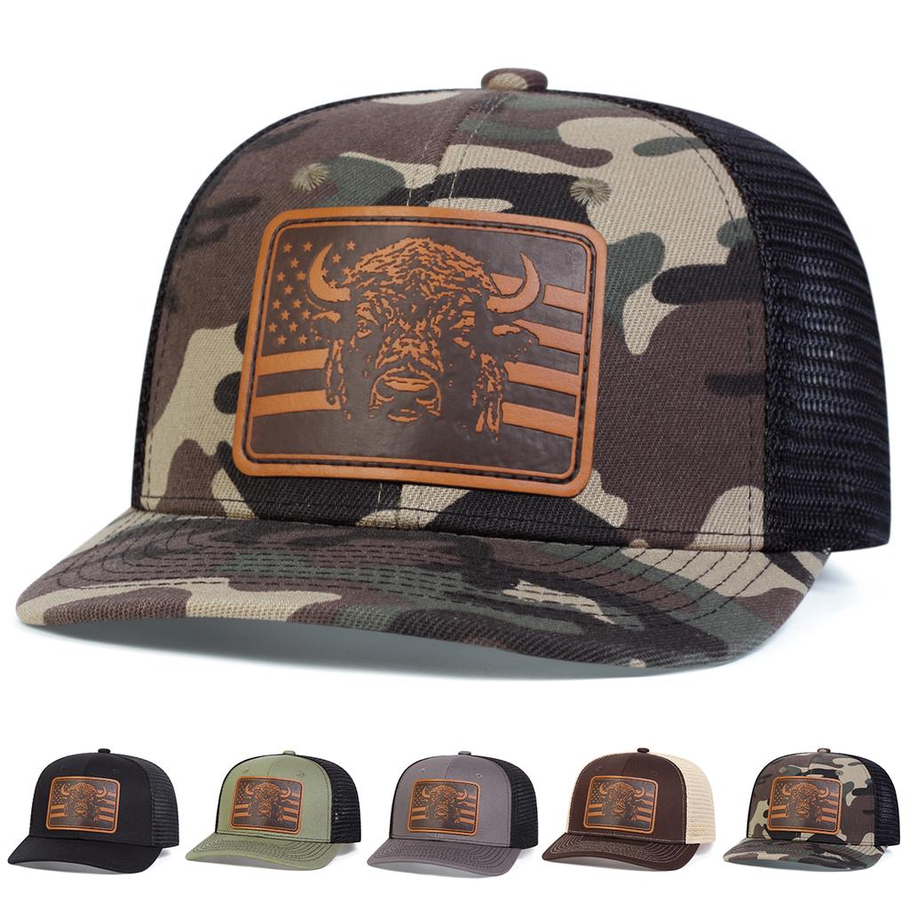 Men Brown Flag Bull Head Leather Patch Baseball Mesh Caps Micro Curved Cap Outdoor Sunscreen Leisure Hat Spring Autumn Travel Tourism Beach Vacation