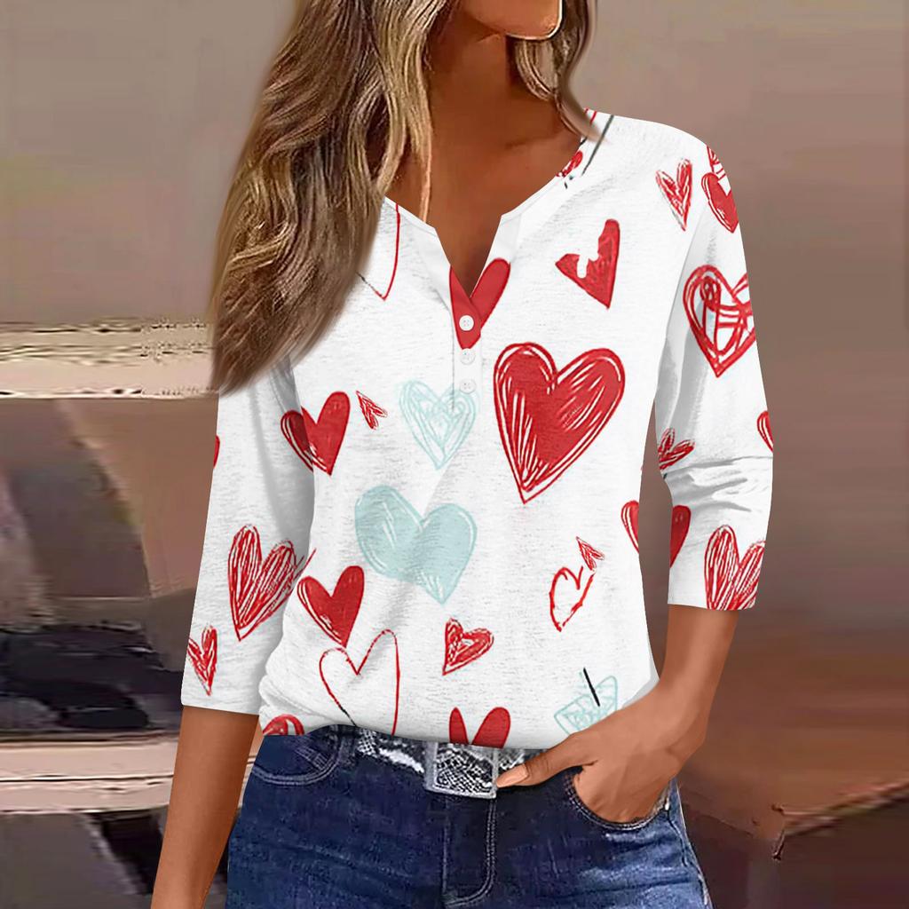 Жен. Футболка Футболка С принтом Пуговицы Рукав 3/4Ежедневно Выходные Мода Классический Топ с v-образным вырезом Обычный