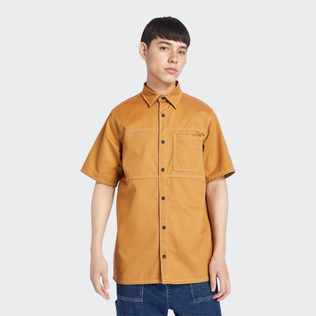 Timberland Outdoor Solid Color Single-Breasted Casual Work Short Sleeve Shirt Men Shirts Wheat A2D5SP47