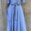 Single-Breasted High Waist Denim Dress Shrink-resistant Lapel Belt Long Sleeve Women Midi Dress Streetwear