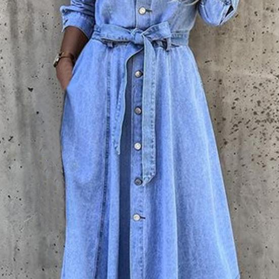 Single-Breasted High Waist Denim Dress Shrink-resistant Lapel Belt Long Sleeve Women Midi Dress Streetwear