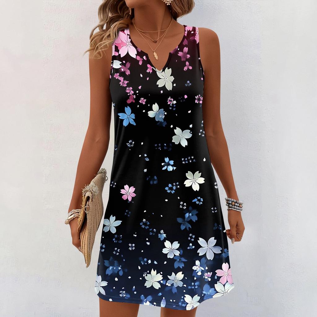 Женские летние платья с V-образным вырезом и принтом без рукавов Сарафан Повседневное платье