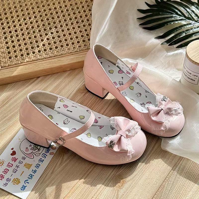 Girs Lovely Lolita JK Туфли 2025 Новые Женские Туфли на Высоком Каблуке Сладкое Кружево Бант Круглый Носок Толстый Каблук Мэри Джейн Одинарные Туфли