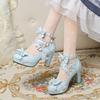 Милая стильная кружевная обувь в стиле Лолиты с бантом, милые туфли ярких цветов, модная повседневная обувь на высоком толстом каблуке с пряжкой